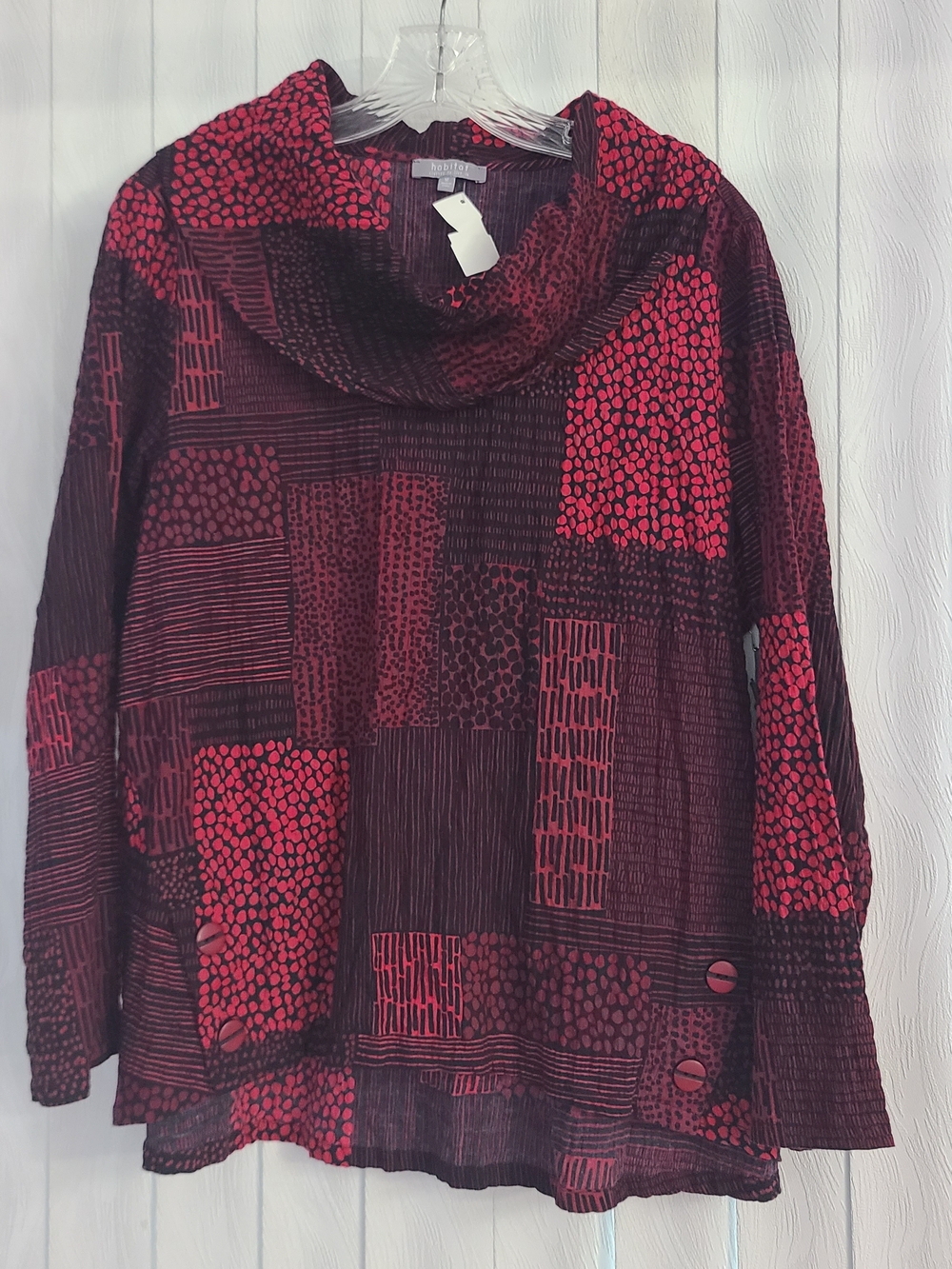 Habitat M Black Cranberry Red Patch Work Cowl Neck Lagenlook Boho Oversize Top